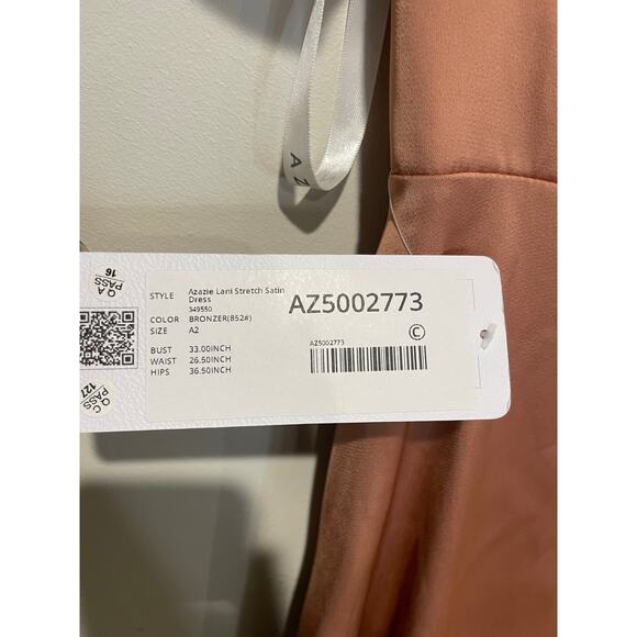 NWT Azazie Lani Stretch Satin Flounce Sleeve A-Line Dress Bronzer Womens Size A2 - Picture 5 of 8